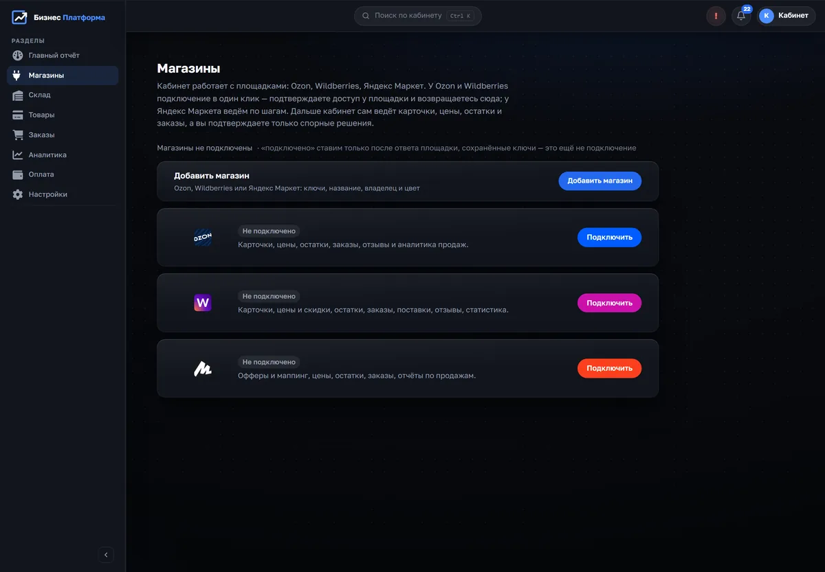 Экран кабинета «Магазины»: Ozon, Wildberries и Яндекс Маркет в одном кабинете, подключение по API.